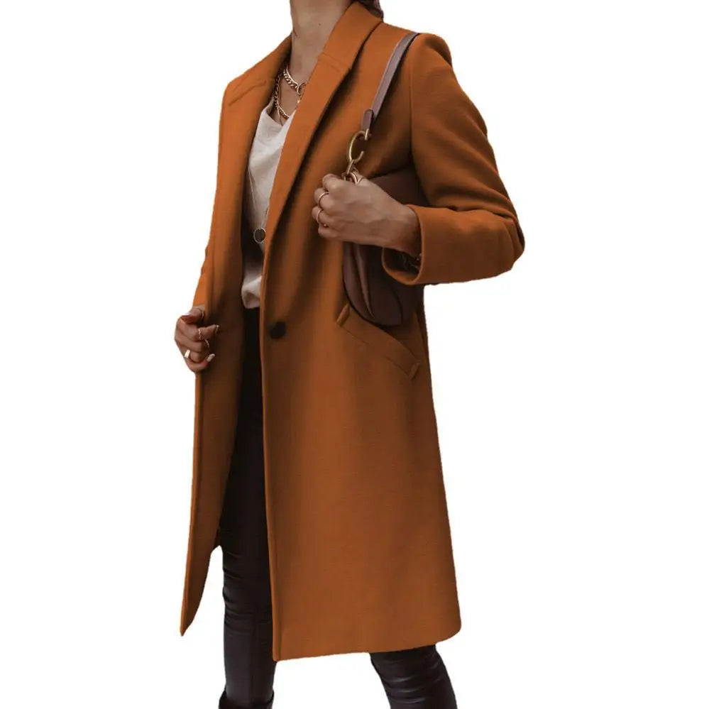8 Colors S-3XL Women's Autumn Winter Fashion Top Quality Solid Coat Polo Mid Long Button Woolen Coat Single Button Pocket Trench Coat Outerwear Warm Windproof Jackets Ladies Winter Clothing Supplies.