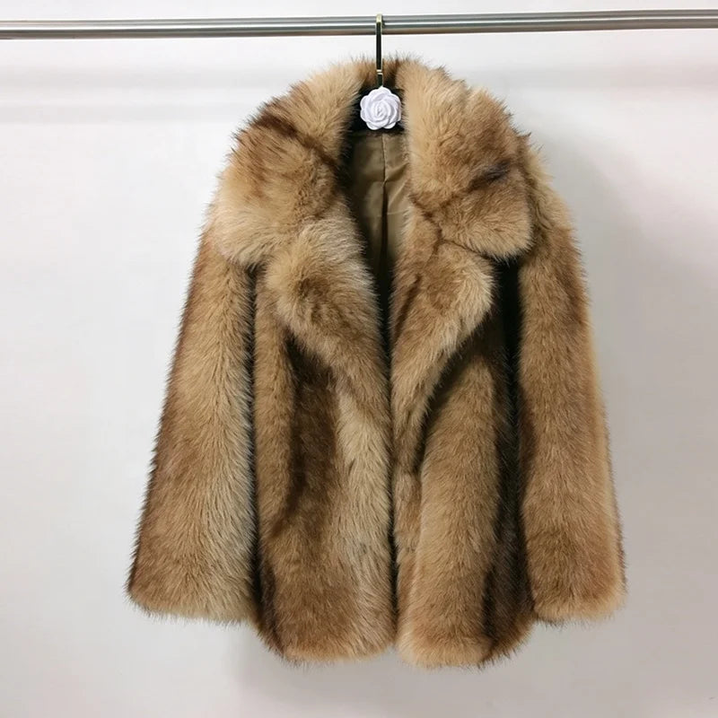 Coffee Brown/Khaki Color Luxury Gradient Brown Artificial Fox Fur Coat for Women Turn-Down Collar Regular Length Winter Warm Eco-Friendly Windproof Outerwear Mid Jackets Ladies Winter Clothing Supplies