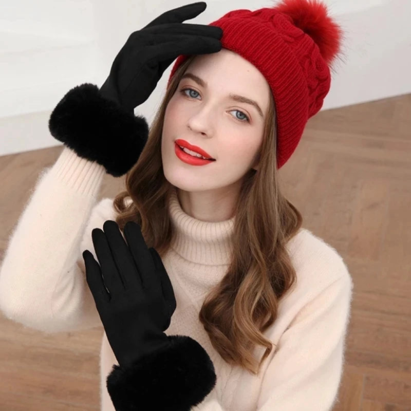 NEW Arrivals 18 Colors Women Faux Rabbit Fur Wrist Suede Leather Touch Screen Driving Glove Winter Warm Plush Thick Full Finger Cycling Black Mitten H92 Women Ladies Luxury Fashion Apparel Accessories