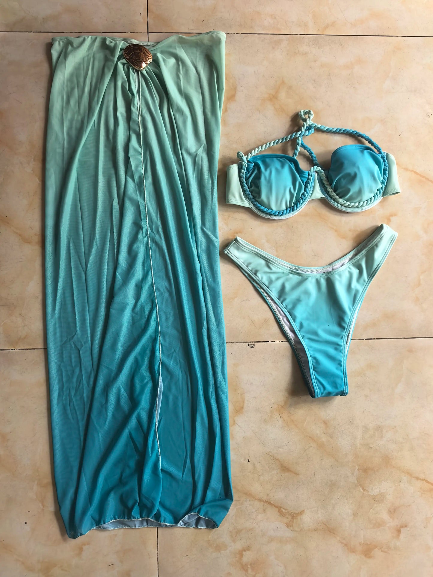 NEW Arrivals 3 PCS Set Light Blue/Dark Blue/ Dark Orange  Color Print Trendy Women Sexy Swimwear Braided Underwire Bikini and See Through Cover Ups Skirt Set Brazilian Beachwear Ladies Luxury Swimsuit Set