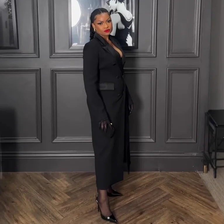 S-3XL Plus Size Black Color High Quality Long Blazer Dress Women Lady Elegant Suit Collar Slim Suits Dresses Long Coat Business Long Jacket Trench for Women