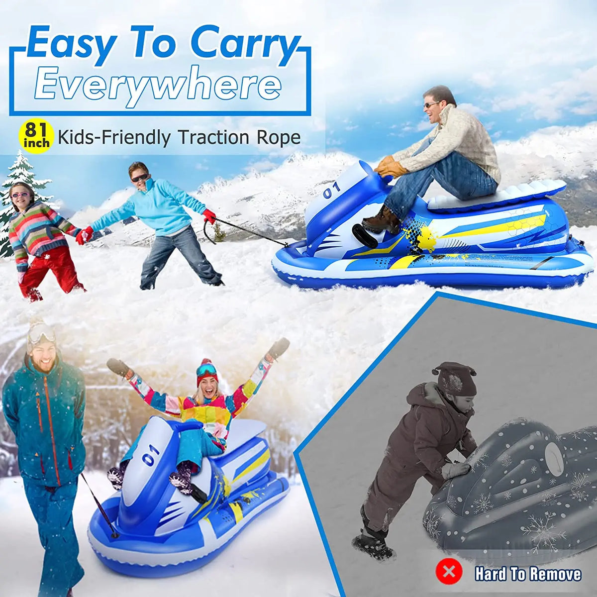 NEW Arrivals Adults Children Fun Gear Strong Foldable Inflatable Snow Sled Tube Snowmobile Heavy Duty Towable Hard Bottom Portable Winter Family Activity Gear Outdoor Winter Sports Supplies