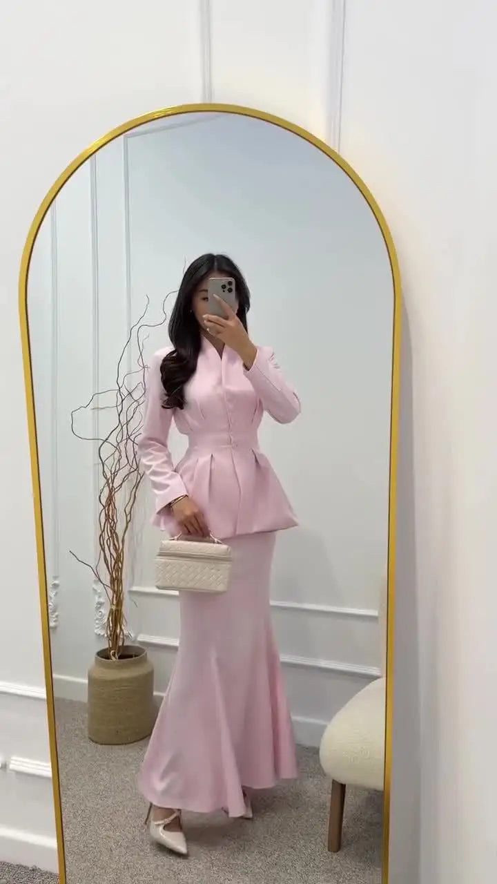 2 PCS Set 4 Colors S-2XL Islam Religious Clothing Dubai Plain Blouse Eid Formal Dresses Elegant Blazer Modest Skirts Women Wedding Guest Birthday Evening Party Suit Muslims Apparel Sets Clothing Supplies.