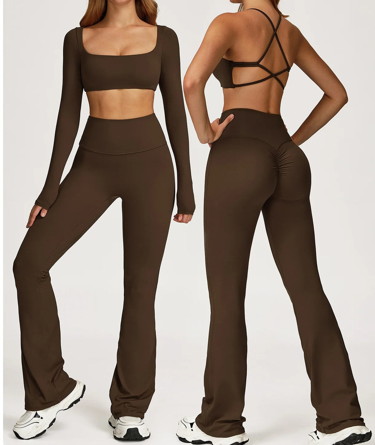 2-Piece Yoga Set Women Long Sleeve Square Neck Crop Top & High Waist Flare Pants Set Scrunch Butt Gym Fitness Activewear