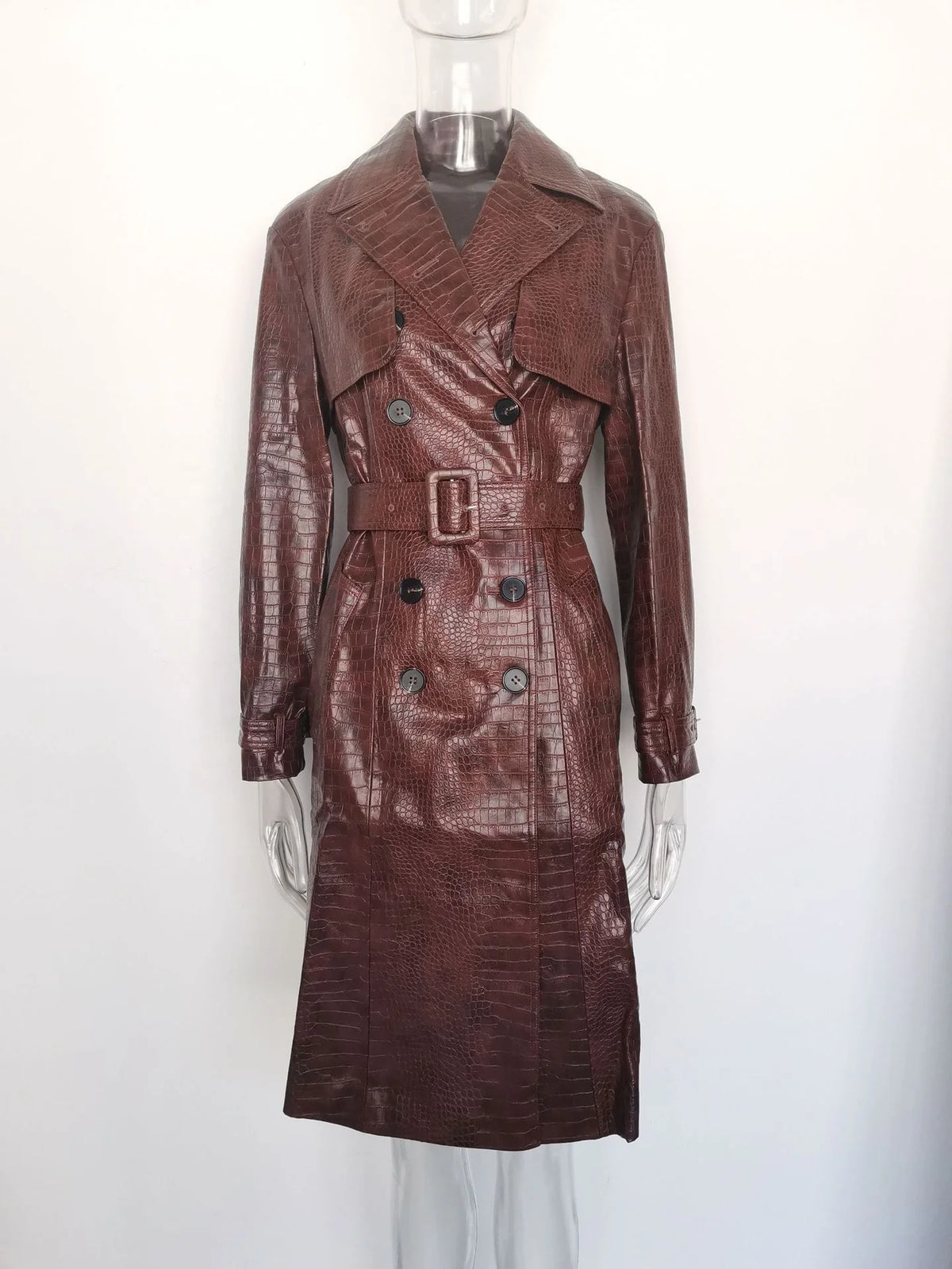 NEW Top Quality Women's Elegant Lace-Up PU Leather Windbreaker Leather Trench Coats Long Winter Outerwear Long Jackets for Night Club Prom Evening Party Ladies Luxury Apparel Supplies