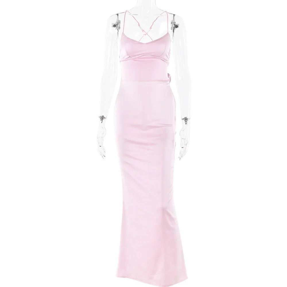 Autumn Spring Satin Backless Lace Up Mermaid Slip Sexy Dress Women Sweetheart Neck Sexy Slim Bodycon Dresses Elegant Silk Gown Evening Party Night Clubwear Ladies Sexy Apparel Supplies