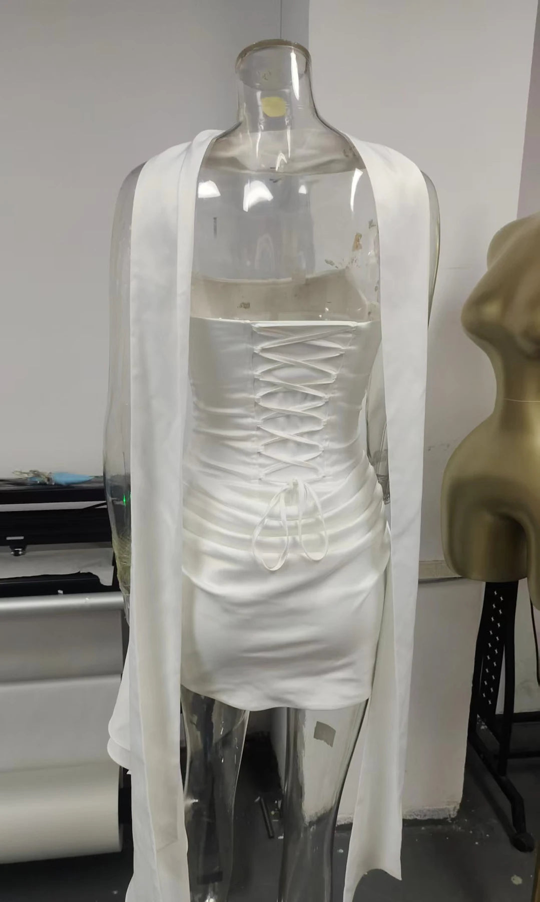 5 Colors High Quality Women Sleeveless Mesh Patchwork Tube Mini Dress Sexy Evening Party Backless Evening Dresses with Scarf Night Clubwear Mini Gowns Ladies Sexy Clothing Supplies