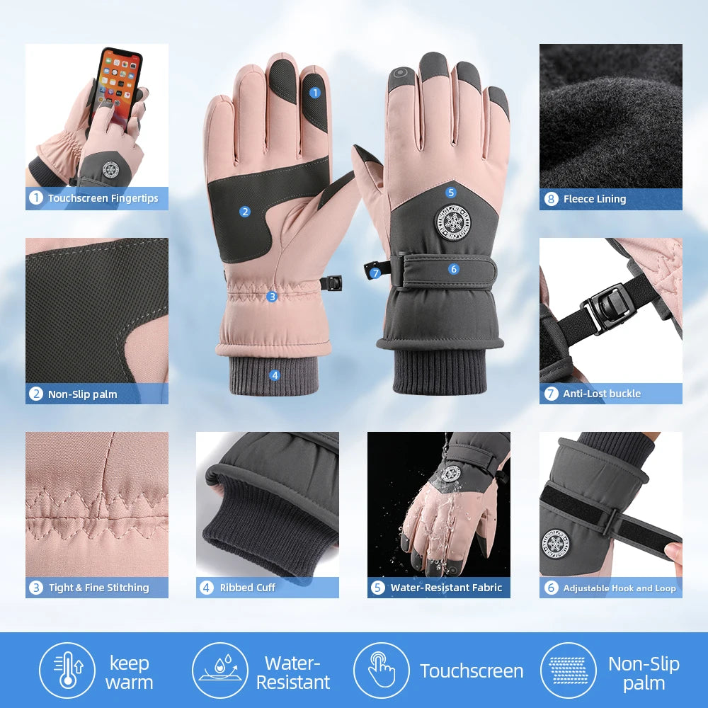 Purple/Black/Dark Gray Color Women Professional Ski Gloves Waterproof Windproof Thick Fleece Lined Touch Screen PU Anti Slip Mountaineering Skiing Durable Warm Design