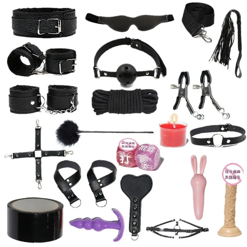 18 PCS Set 4 Colors BDSM  Fetish Sex Party Binding Handcuffs Leather Whip Anal Plug Adult Couples Intercourse Sex Toys Sex Play Tools Set