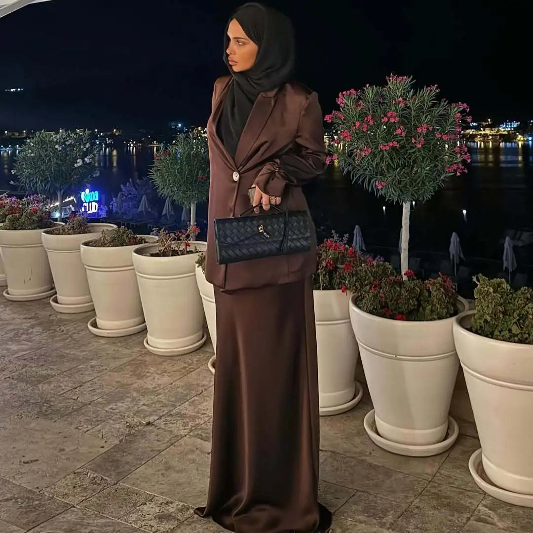5 Colors XS-3XL Plus Size Islamic Middle East Women's Luxury Satin Dress Suit  Loose High Waist Modest Abaya Set Ankle Length Long Sleeve Elegant Fishtail Wedding Guest Birthday Evening Party Maxi Gowns Muslim Women's Clothin