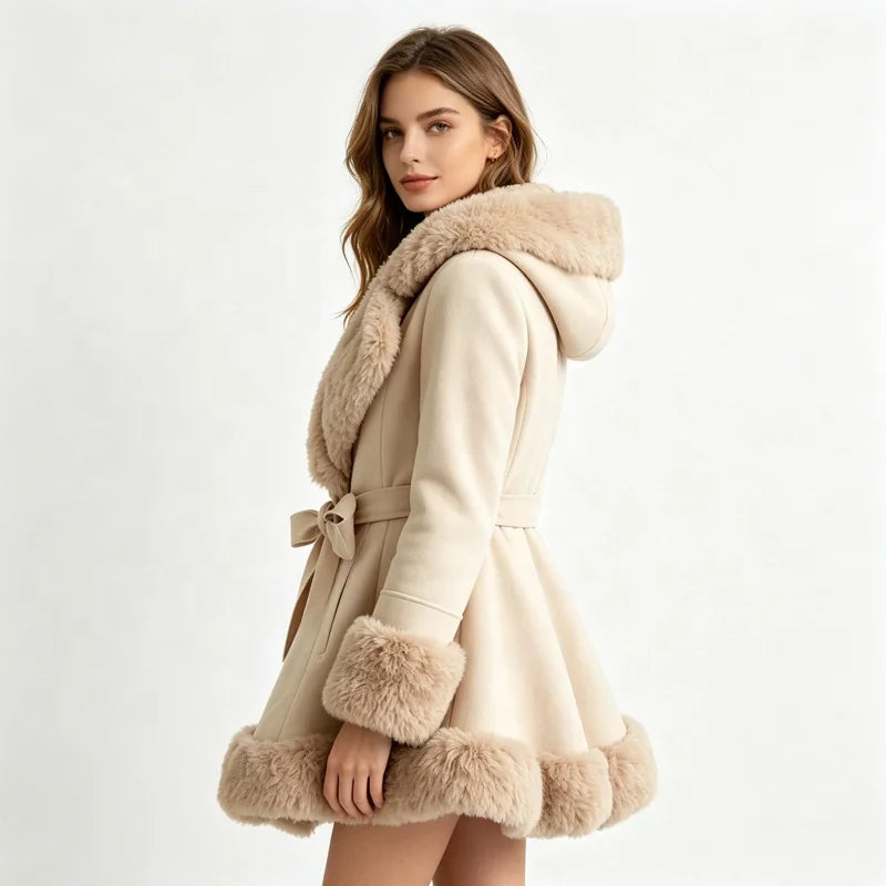 5 Colors UK (6-20) Large Size  Women's Streetwear Thick Plain Dyed Woven Single Breasted Faux Fur Trim Hooded Belted Winter Trench Coat Winter Warm Autumn Apparel Clothing Supplies