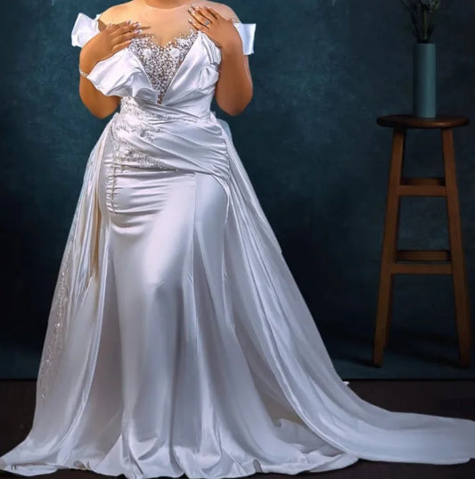 Mother of Bride New Luxury White/Ivory Color Plus Size  Round Neck Lace Off Shoulder Bridal Main Wedding Guest Evening  Party Prom Dress Bridal Formal Mermaid Gowns  Ladies Luxury Apparel Supplies