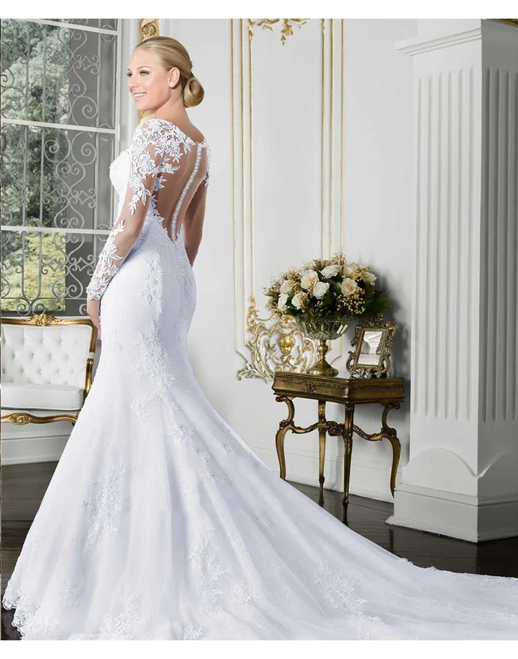 NEW Arrivals O-Neck Long Sleeve Mermaid See Through Illusion Back Bridal Gowns Plus Size Wedding Dresses Bride's Evening Prom Party Bridal Luxury Gowns