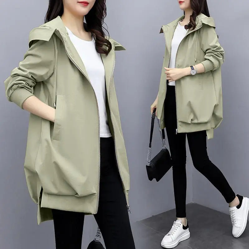 5 Colors S-3XL Women's Windbreaker Mid-Length Spring and Autumn New Korean  Version Casual Temperament Black Loose Hooded Fashion Coat Women Casual Clothing Supplies