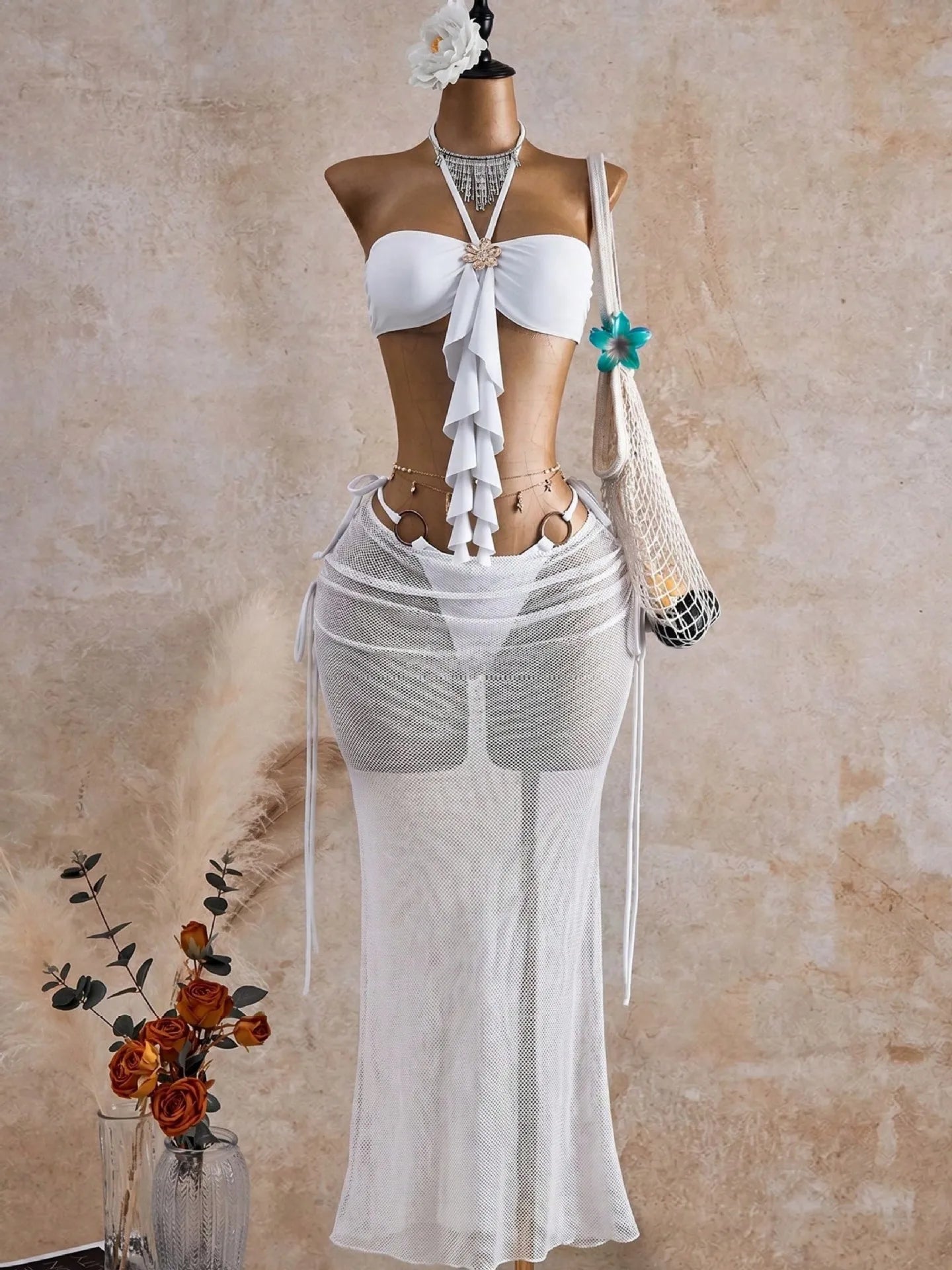 NEW Design 3 PCS Set White/Blue/Yellow Color Women's Swimwear Bandeau Top Brazilian Bikini and Skirt Cover Up Set Beachwear XS-XL Women Summer Bathing Apparel Suits Clothing Supplies