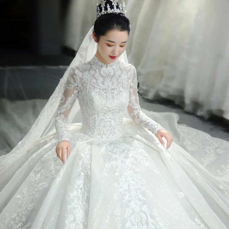 New Winter Muslim Bridal Wedding Dream Court Starry Trailing Long Sleeve French Turkish Istanbul  Islamic Luxury Beaded Wedding Dress in Dubai Ladies Religious Wedding Ceremony Luxury Modest Gown