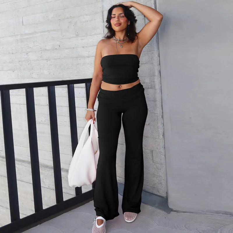 2 PCS Set 5 Colors  Crop Tube Tank Top and Flare Pants Sets Women's Spring Summer Clothing Sweat Suit Set Streetwear Outfit Ladies Casual Clothing Supplies