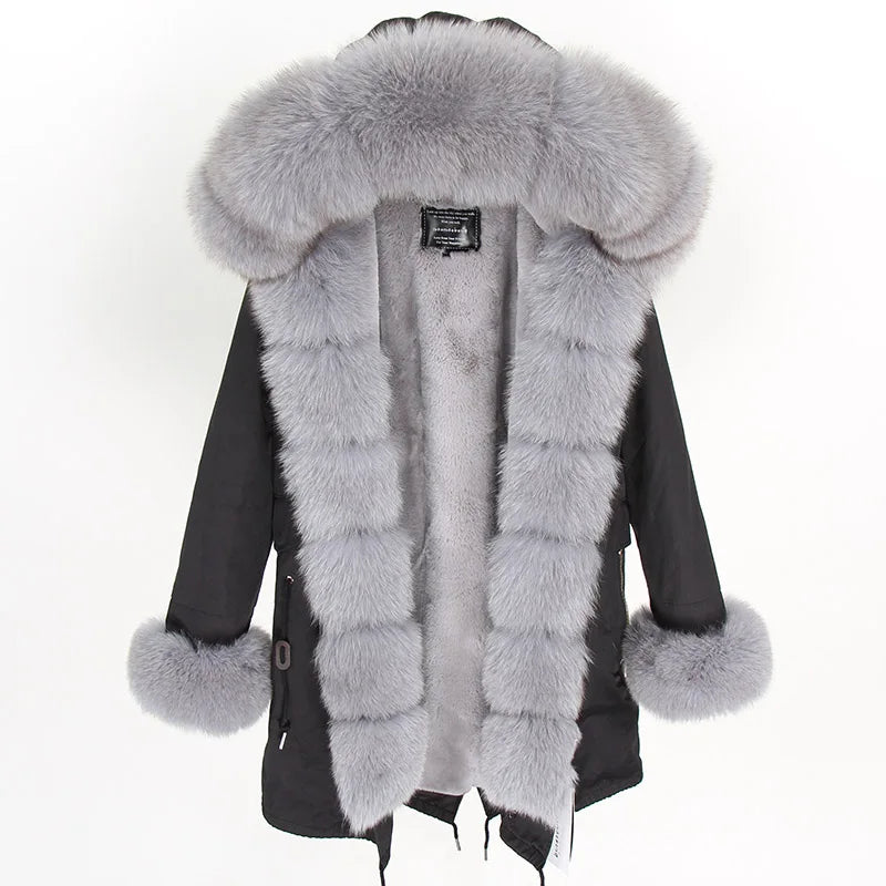 NEW Arrivals Winter Warm Snow Outerwear Women Female Natural Real Fox Fur Coats Real Fur Long Black Jacket  Cotton Thick Coat Girls Casual Winter Luxury Fashion Clothing Products
