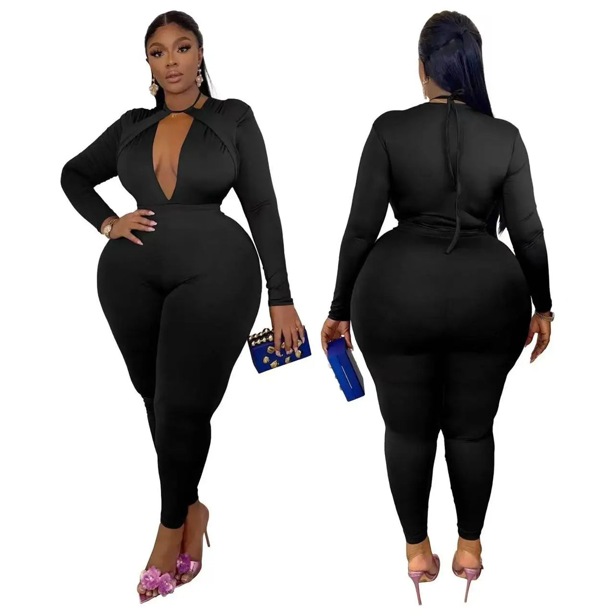 HEY BIG GIRLS.. XL-5XL For Curvy Ladies Trendy Long Sleeve Sexy Jumpsuits for Women Sexy V-Neck Plus Size Clothing Elegance Fall Outfits Evening Party Night Clubwear Clothes