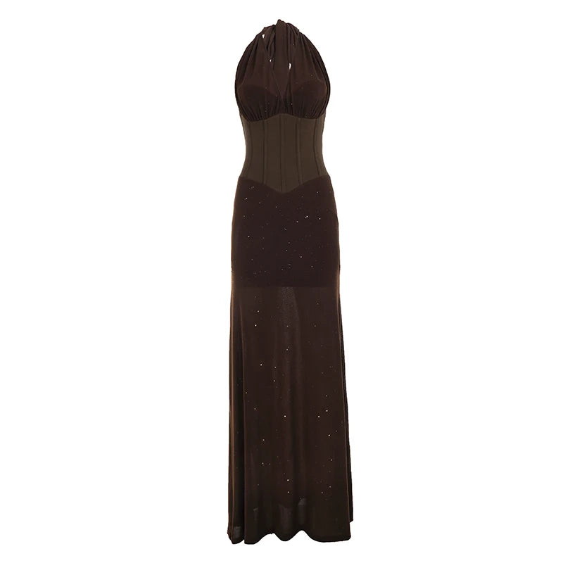 Women's See Through Halter Neck Backless Sexy Maxi Dress, Fishbone Corset Waist Sparkly Sheath Evening Party Gown Night Clubwear Ladies Sexy Clothing Supplies