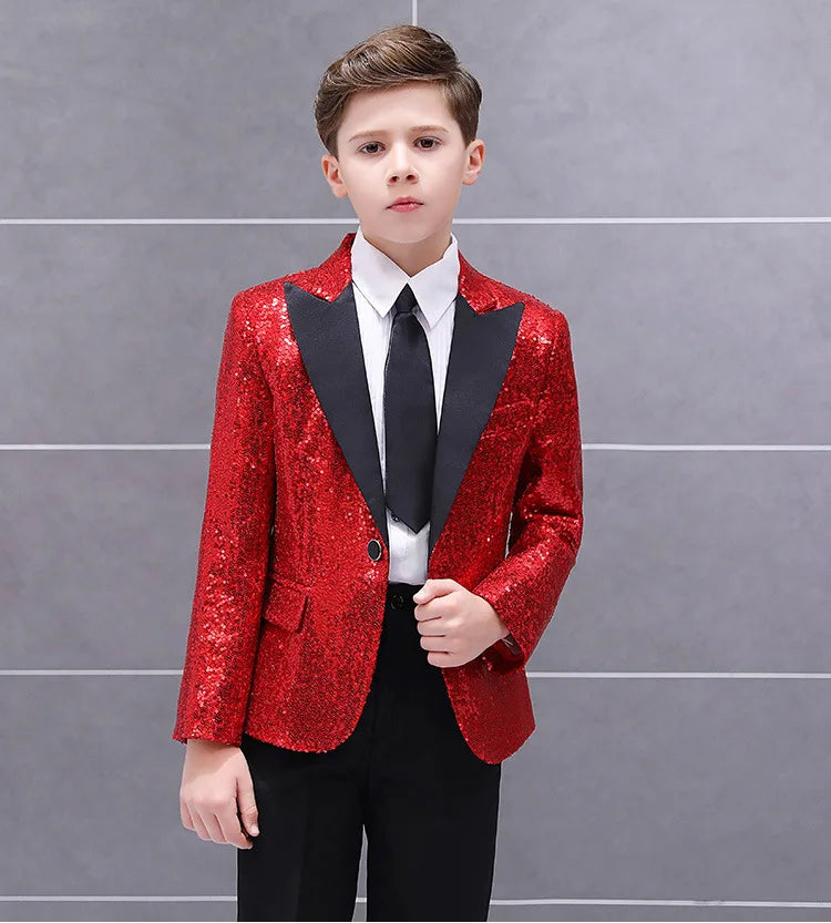 4 PCS Set 5 Colors Boys Formal Wedding Guest Suit Kids  Luxury Jacket Shirt Pants Tie Party Blazer Children Piano Performance Ceremony Costume Birthday Evening Party Children Luxury Apparel Supplies