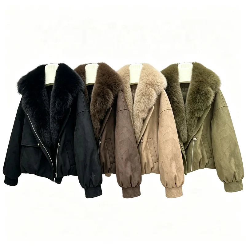NEW Arrivals 4 Colors S-2XL Women's Autumn Winter Warm Brown Artificial Suede Biker Jacket Oversized Faux Fur Collar Asymmetric Zip Cropped Coat Women's Faux Fur Coats Winter Outerwear Coats