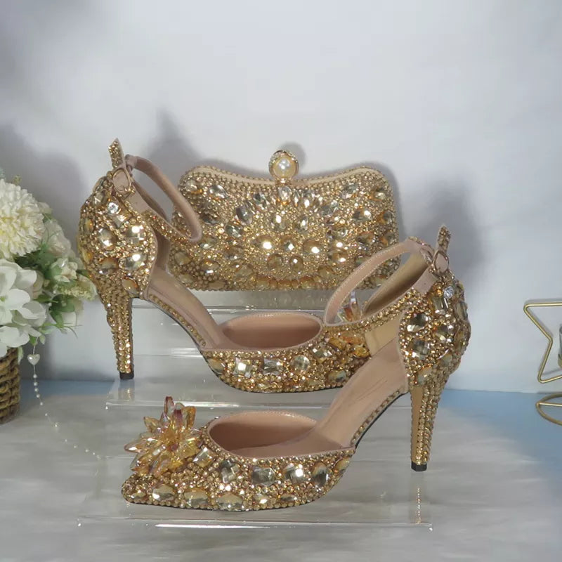 New  Golden crystal Bridals Wedding shoes with matching bags Rhinestone high heels ankle strap women party dress shoes