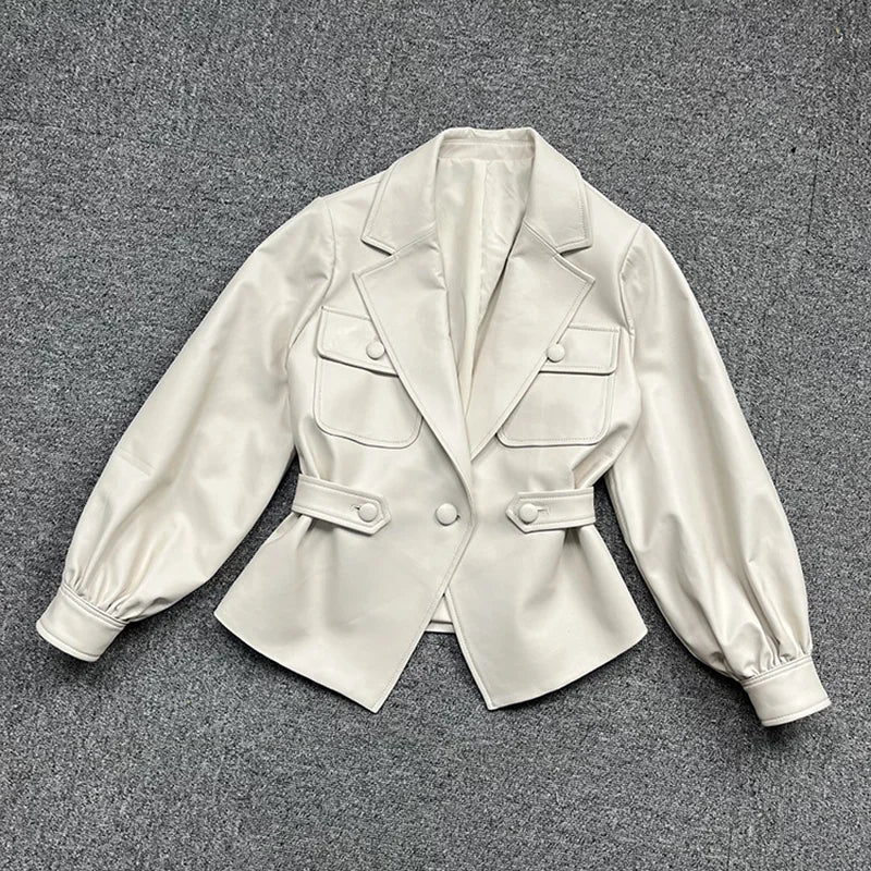 Boutique Gala HOT SALE Green/(Few Units Left) White/Black Color M-2XL Autumn Spring  Women's Real Genuine Leather Jacket Sexy Leather Blazer Evening Party Coat Ladies Luxury Apparel Supplies
