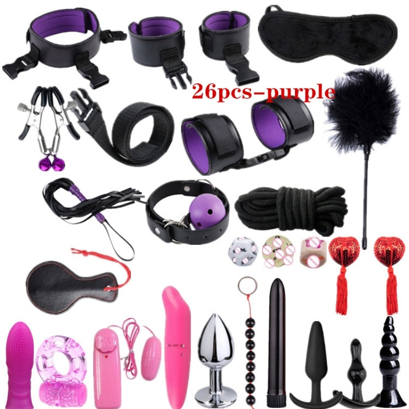 Adult leather plush bondage bundle set, gag, whip, butt plug, sex toys for women, nipple clips, erotic toys