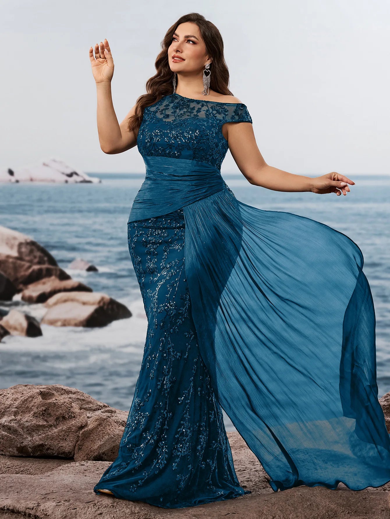 NEW Arrivals 5 Colors XL-4XL Plus Size Trendy Gowns for Curvy Ladies  Evening Party Wedding Guest Luxury Dresses High Waist One-Shoulder Sequined Elegant Mermaid Bridesmaid Dresses