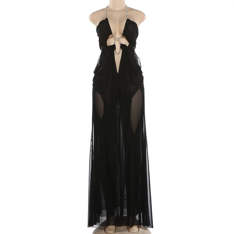4 Colors New Fashion Summer Women Sexy See Through Clothing Vendor Sleeveless Halter Backless Sexy Maxi Dress Evening Beach Party Mesh See Night Clubwear Prom Maxi Gowns