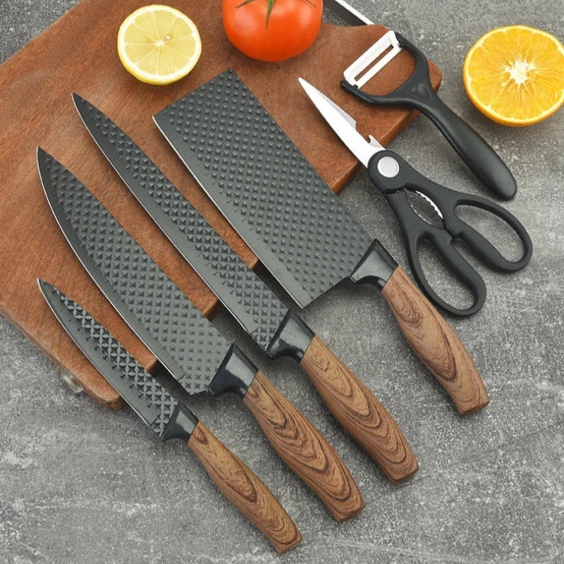 NEW 6 PCS Japanese Set Kitchen Sharp  Knife Set With Covered Handle Chef's Meat Cleaver Vegetable Fruit Knife Kitchen Scissors Set Outdoor Camping Grill Barbeque Cooking Tools Set