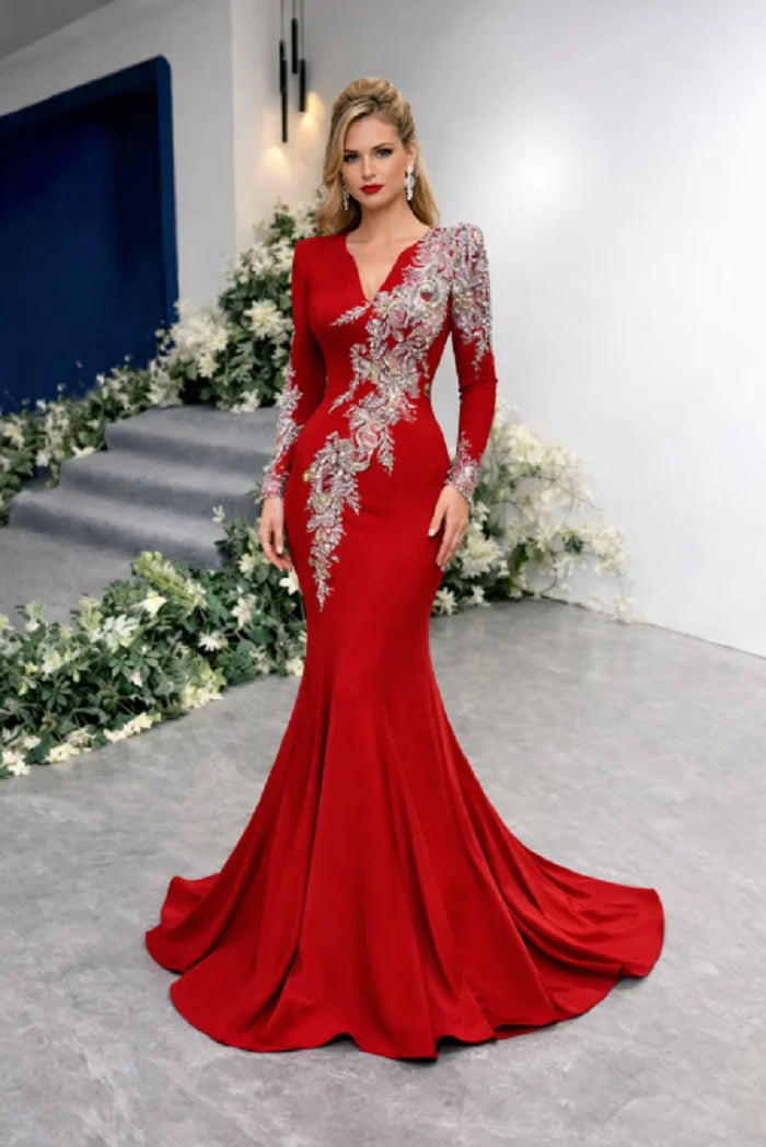 Mother of Bride Hot Selling Red/Purple Color V-Neck Long Sleeves Luxury Dress Beaded Lace Applique Mermaid Evening Party Gown with Sweep Train Ladies Formal Apparel Clothing Supplies