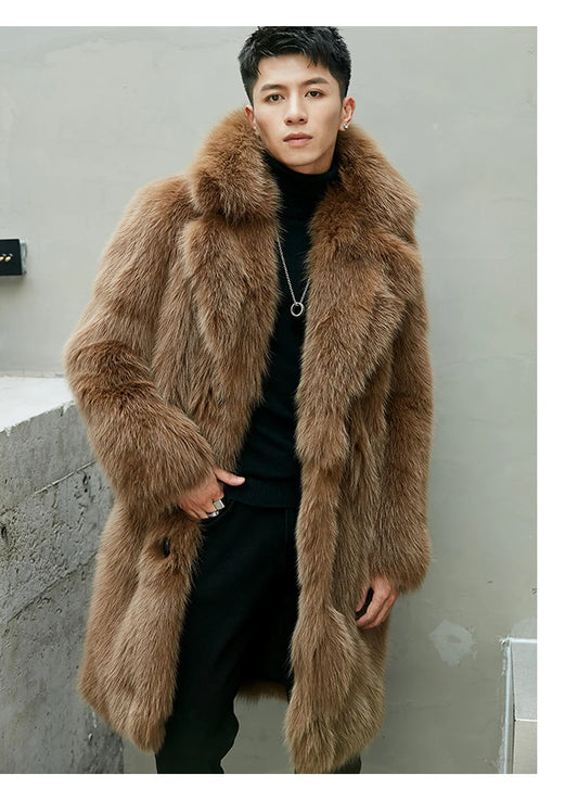 BEST PRICE White/Brown/Black Color M-3XL Plus Size High-Fashion Shawl Collar Luxury Real Fox Fur Coat Winter Warmth Cozy Winter Long Fur Coat for Men Christmas Gift for Husband Lover Boyfriend Gentleman Luxury Apparel Supplie