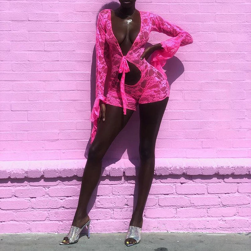 White/Black/Pink  Hot Sexy Women Mesh Sheer Hollow Out Rompers Onesies Shorts Pink Deep V-Neck Flare Sleeve Floral Bodycon Playsuit Jumpsuit