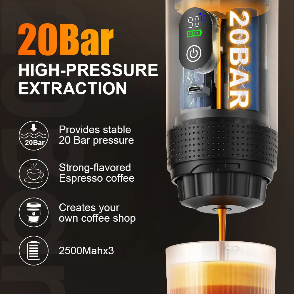 20 Bar Powerful USB Rechargeable Electric Coffee Espresso Maker with Hot Water System for Holiday Entertaining Outdoor Travel Camping Beach Picnic Coffee Maker Machine Home Office Drinkware Accessories