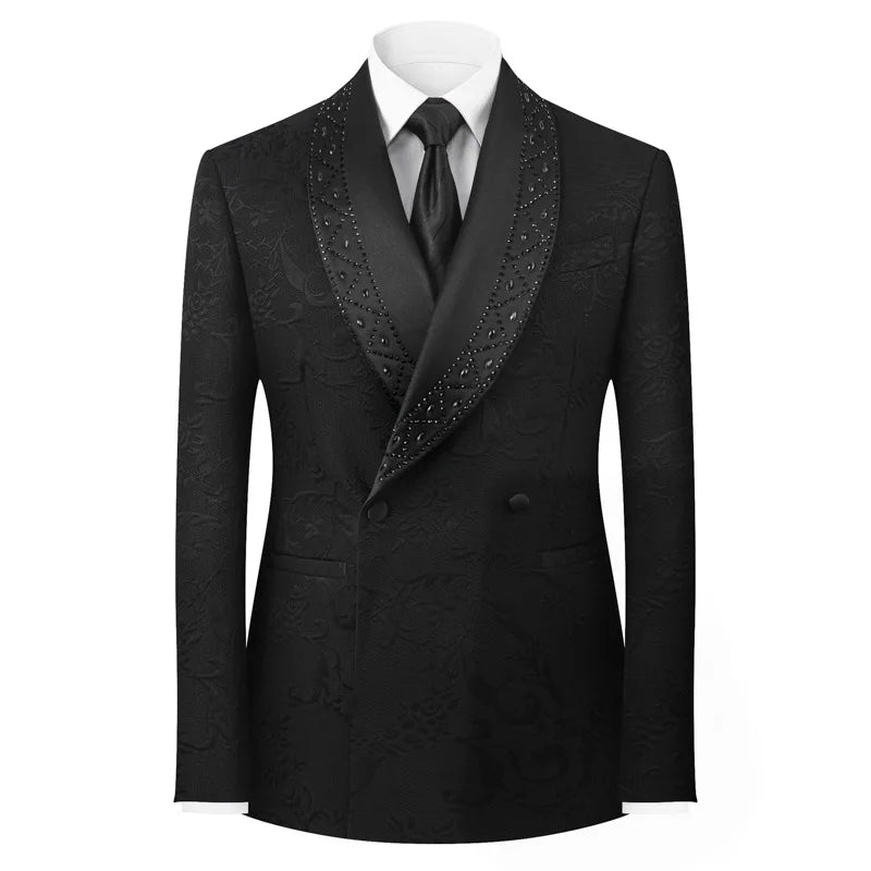 2 PCS Set New Men's Elegant Light Luxury Jacquard Hot Diamond Green Fruit Collar Wedding Groom Guest Best Man Suits for Men Fashion Evening Business Dinner Party Prom Men Formal Apparel Clothing Supplies