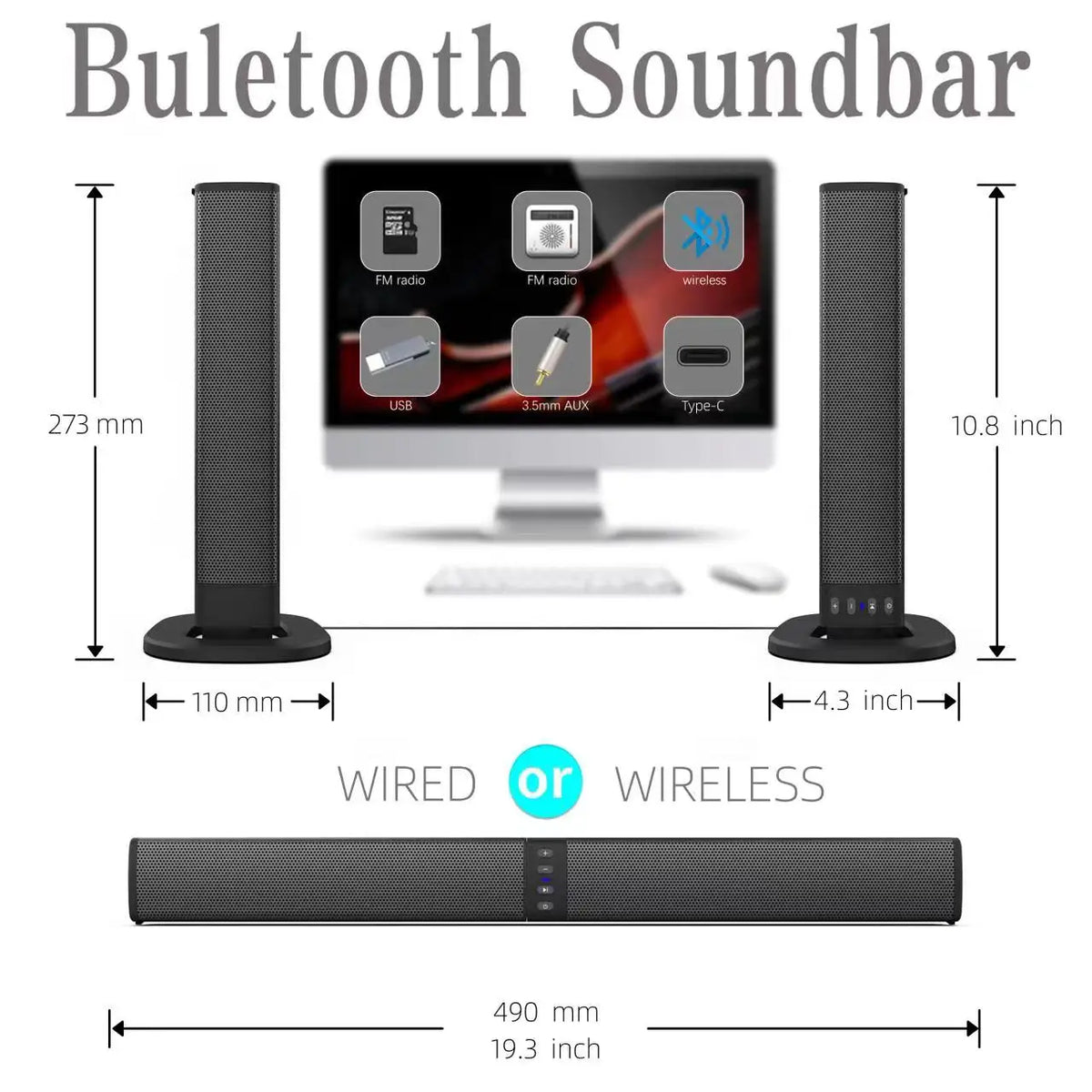 Home Theater Indoor Outdoor BS36 Bluetooth Speaker for Smart TV, Wired Wireless Surround Stereo, 2 in 1 Detachable Soundbar for TV Projector Evening Night Karaoke Party Sound System