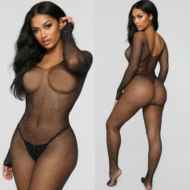Sexy One-Piece Lingerie Bodysuit Women Bra Set See Through Rhinestone Underwear Transparent Open Plus Size Erotic Lingerie Set