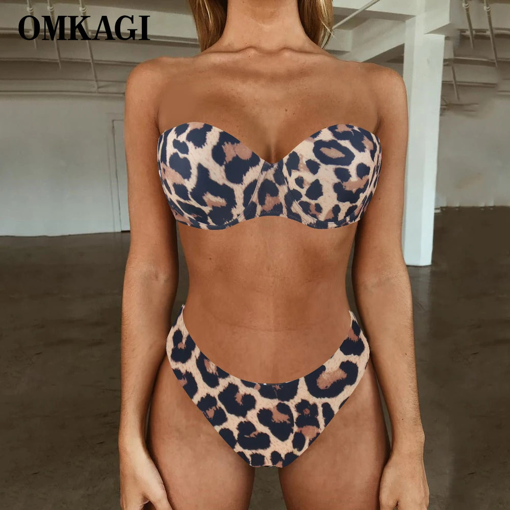 Bikini Set Bandeau High Cut Solid Bandeau Swimsuit Women Swimwear Sexy Push Up Bathing Suit Beachwear Leopard Bikini