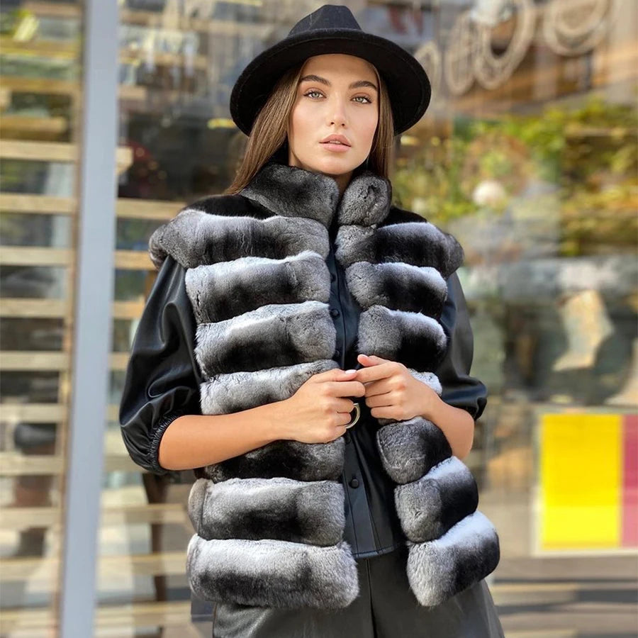 S-3XL 5 Colors Luxury Winter Warm Outerwear Fur Jacket Women Girls Real  Natural Rex Rabbit Fur Coat Chinchilla Colored High Collar Jacket Female Ladies Winter Luxury Fashion Clothing Products