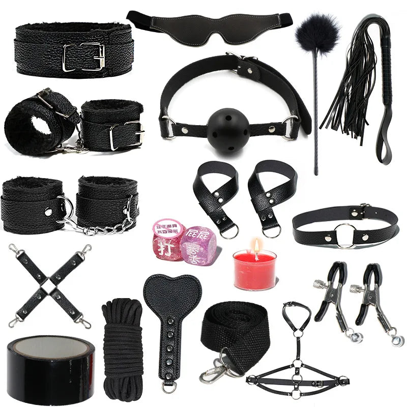 18 PCS Set 4 Colors BDSM  Fetish Sex Party Binding Handcuffs Leather Whip Anal Plug Adult Couples Intercourse Sex Toys Sex Play Tools Set