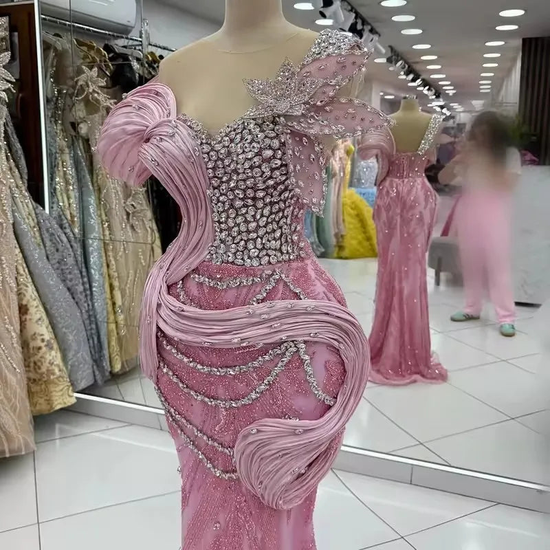 Boutique Gala HOT SALE Luxury Wedding Dress S-3XL Pink/Ivory Color Crystal Beaded Mermaid Gown ASO EBI Evening Party Prom Wear Sparkling Evening Dress Red Carpet Celebrities Gowns Ladies Luxury Apparel Supplies