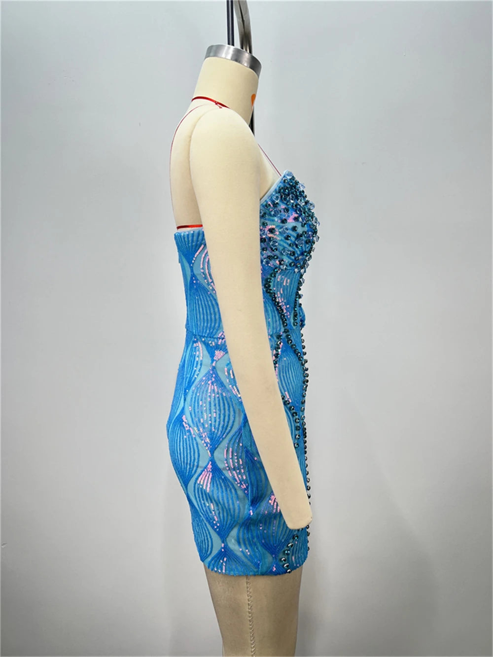 Boutique Gala HOT SALE Top Quality Mini Hand Beading Celebrity Sky Blue Night Clubwear  Evening Prom Party Sequins Sexy Prom Runway Dress Ladies Luxury Apparel Supplies