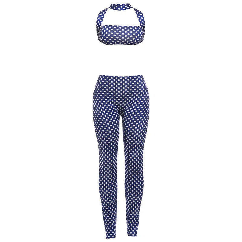 2 PCS Set White/Blue/Apricot Color Autumn Spring Summer New Fashion Women Sexy Sleeveless Creative Strapless  Backless Pattern Pants + Tops Streetwear Women Casual Clothing Supplies.