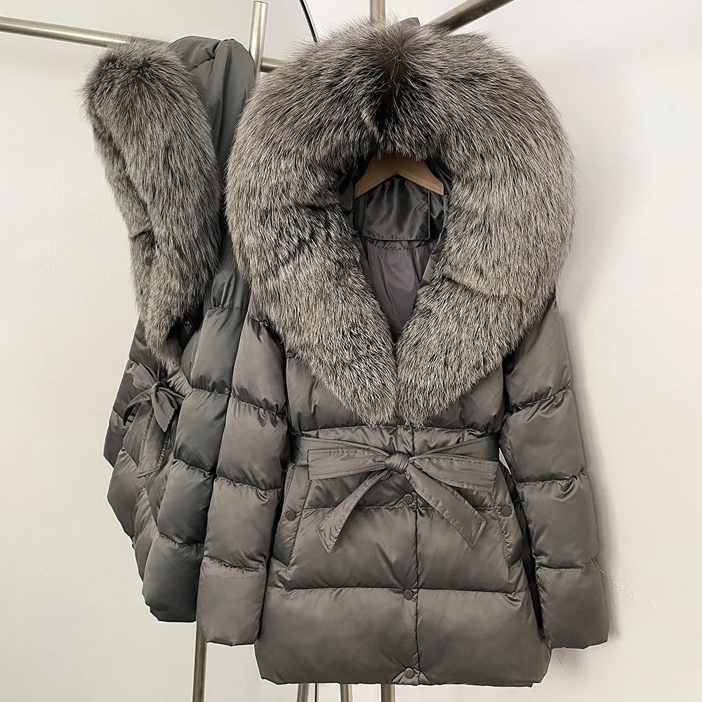 BEST PRICE 15 Colors European High End Winter Hoodie Warm Midi Length Large Real Natural Silver Red Fox Fur Thick Bubble Coats Down Coat Snow Outerwear Parkas Jackets Women Winter Apparel Supplies