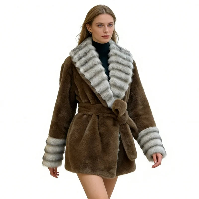 Black/Beige/Brown Color S-2XL Women's Premium Top Quality Artificial  Fur Coat Contrast Striped Wide Lapels Waist-Cinching Slim Fit Adjustable Waistline Eco-Friendly Thick Outerwear Jackets Ladies Luxury Clothing Supplies