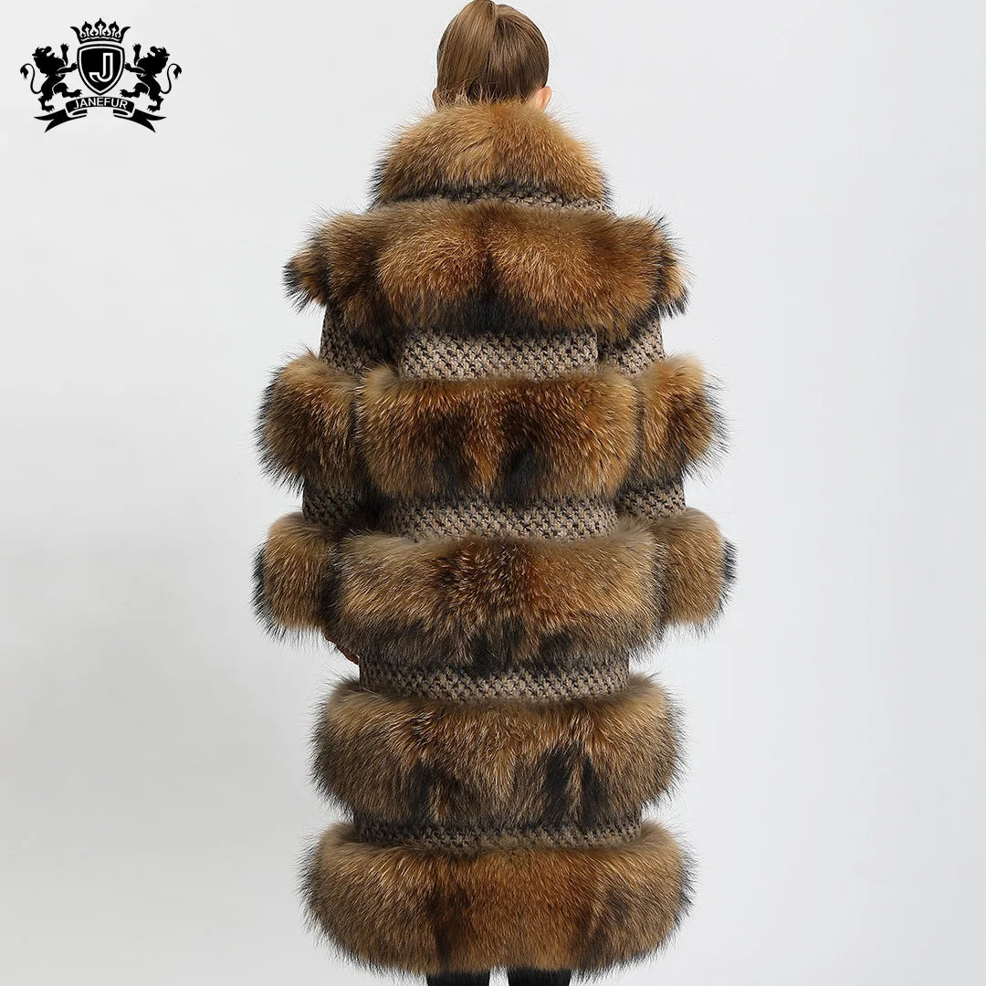 100% Natural Raccoon Fur 4 Colors Women's Winter Long Jacket Style Real Raccoon Fur Coat Plush Fashion Design Long Outerwear Fur Coat Evening Business Party Prom Celebrity Ladies Luxury Apparel Supplies