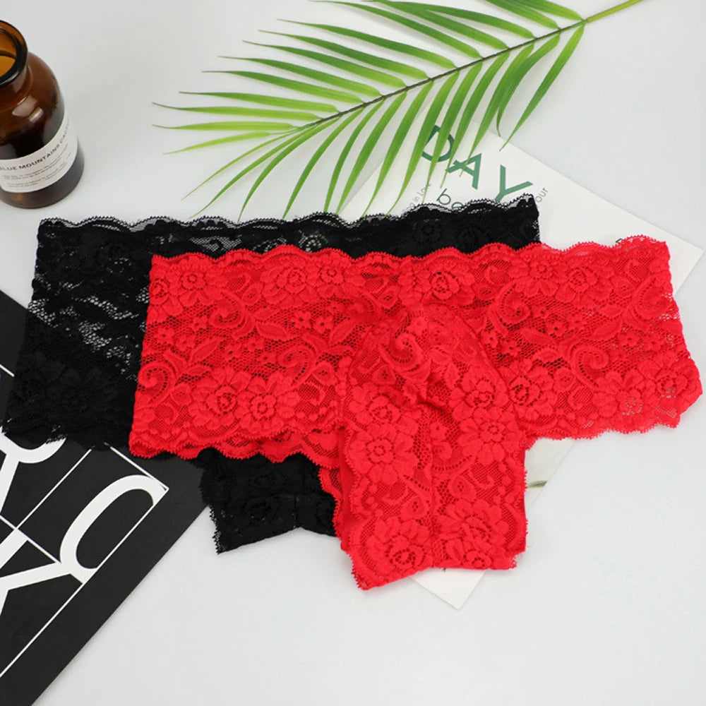 Men Sexy Underwear Lace Flower Small Boxer Shorts Underpants Red Black  M,L,XL