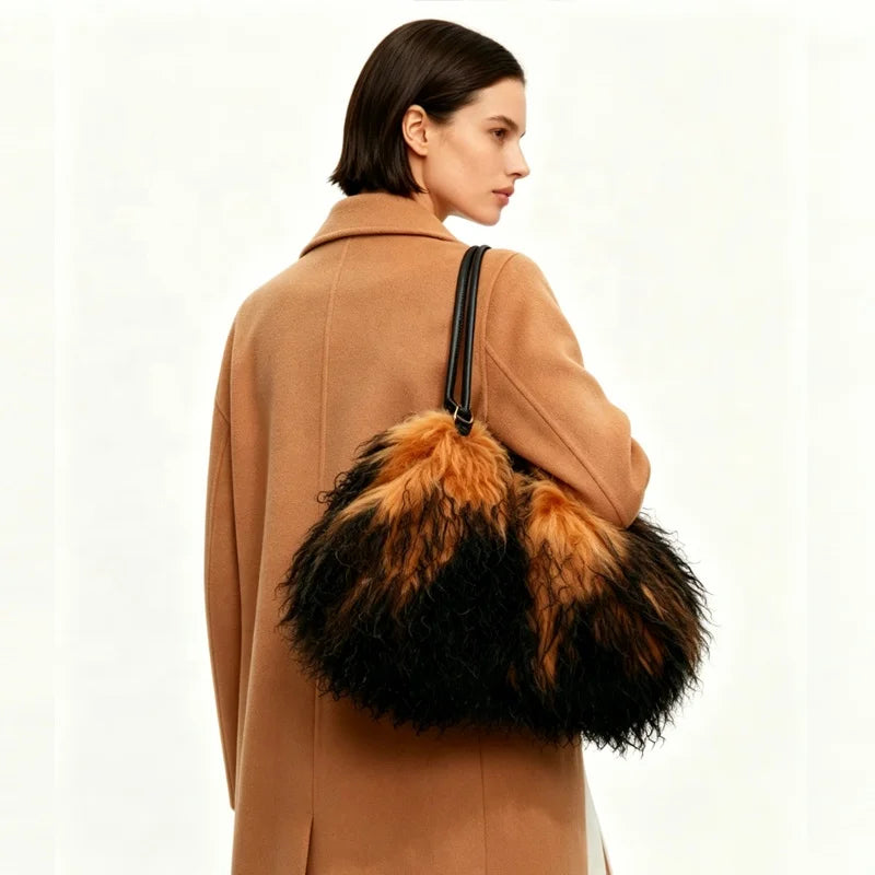 5 Colors Luxury Winter Ombre Faux Fur Leather Hobo Shoulder Tote Bag Women Single Strap Two-Tone Black Camel Fluffy Large Capacity Luxury Bags Ladies Apparel Accessories